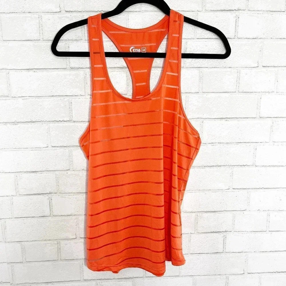 Zyia Orange & Sheer Striped Racerback Tank Top Women's Size Medium
